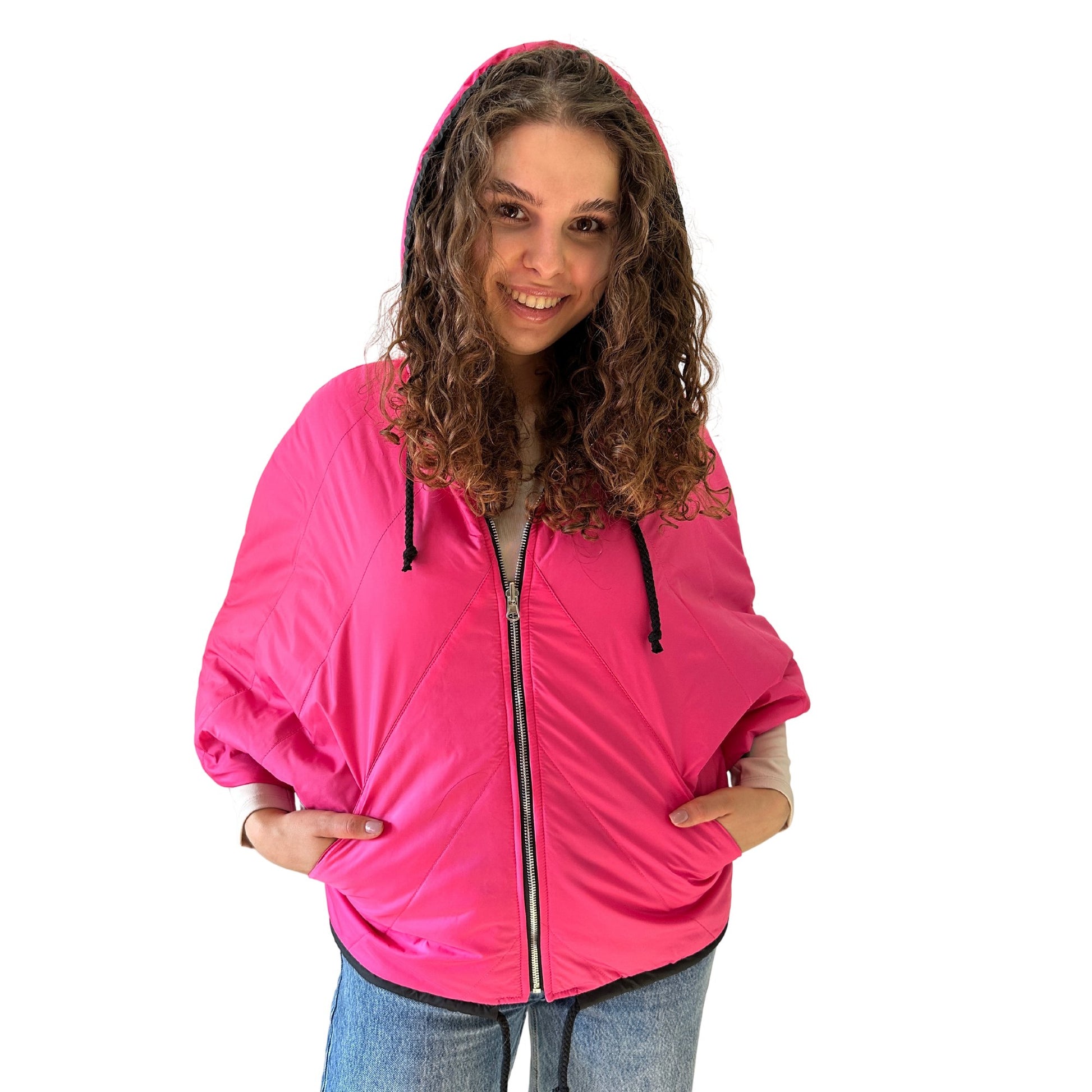 Puffer Hot Pink Black Reversible Mid - Season Quilted Jacket with Hood - My Love Cape