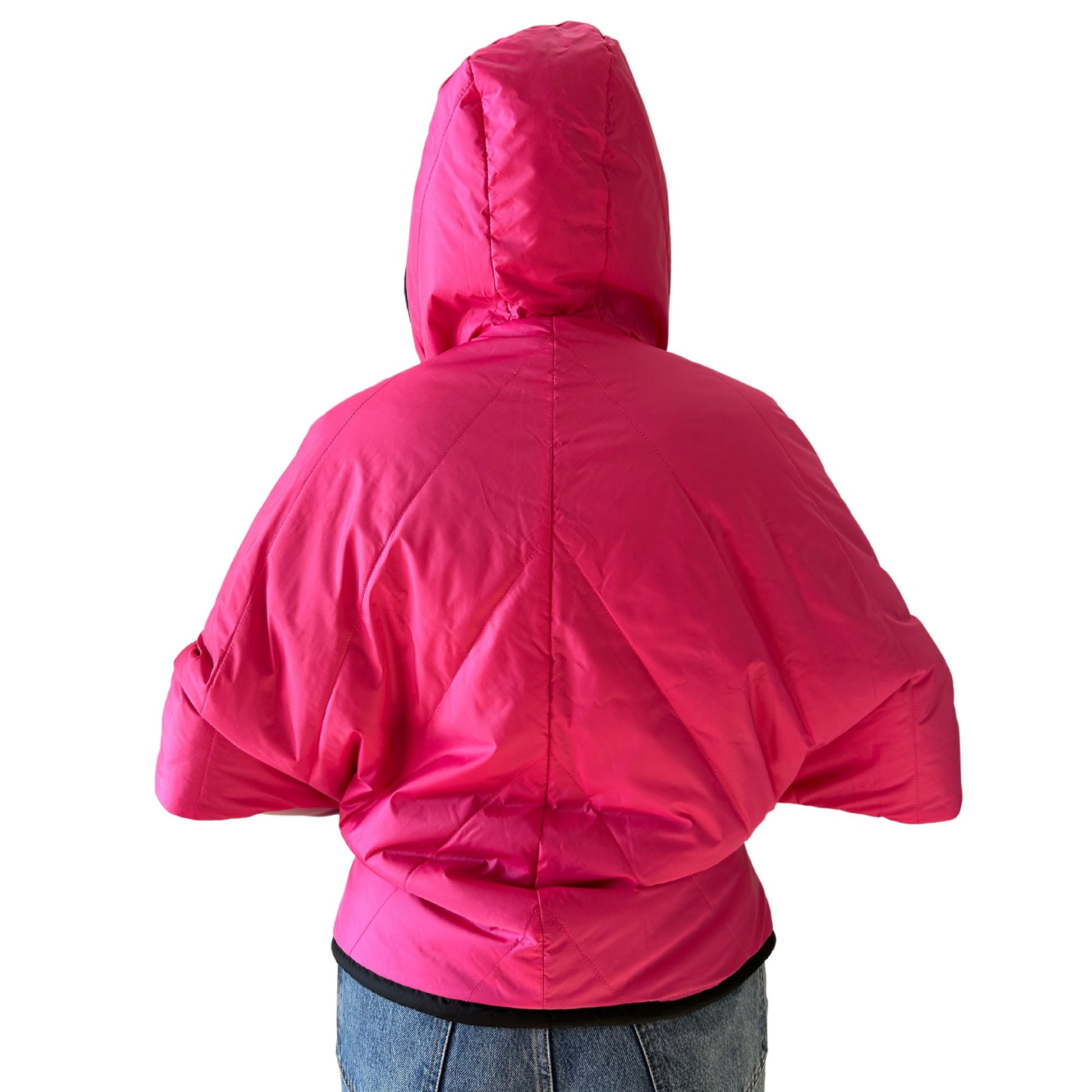 Puffer Hot Pink Black Reversible Mid - Season Quilted Jacket with Hood - My Love Cape