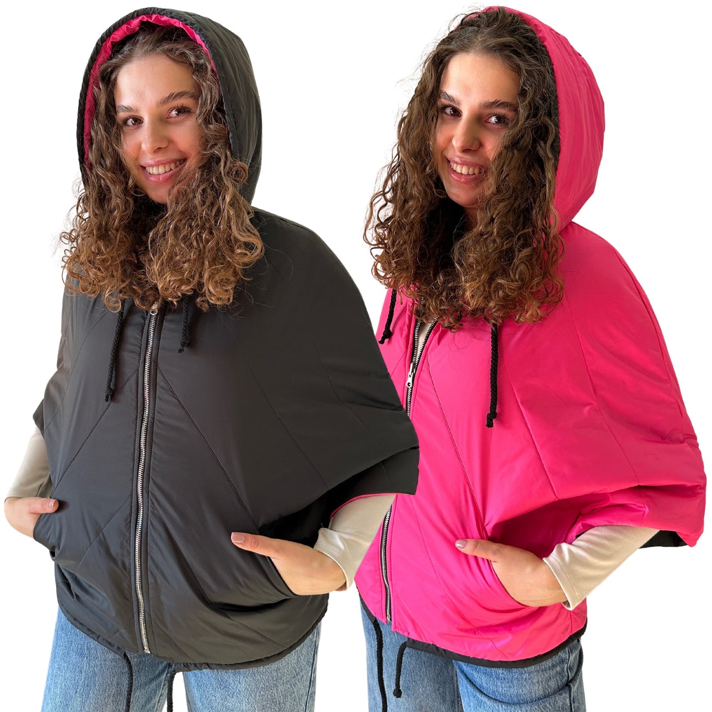 Puffer Hot Pink Black Reversible Mid - Season Quilted Jacket with Hood - My Love Cape