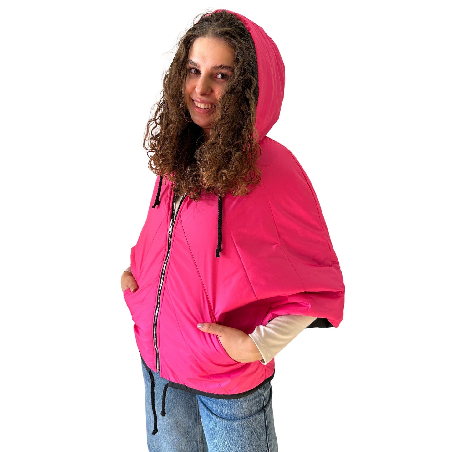 Puffer Hot Pink Black Reversible Mid - Season Quilted Jacket with Hood - My Love Cape