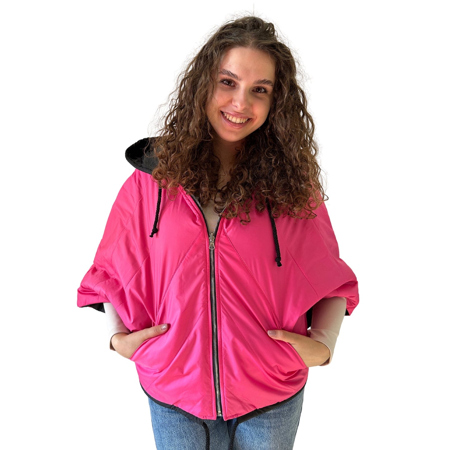 Puffer Hot Pink Black Reversible Mid - Season Quilted Jacket with Hood - My Love Cape