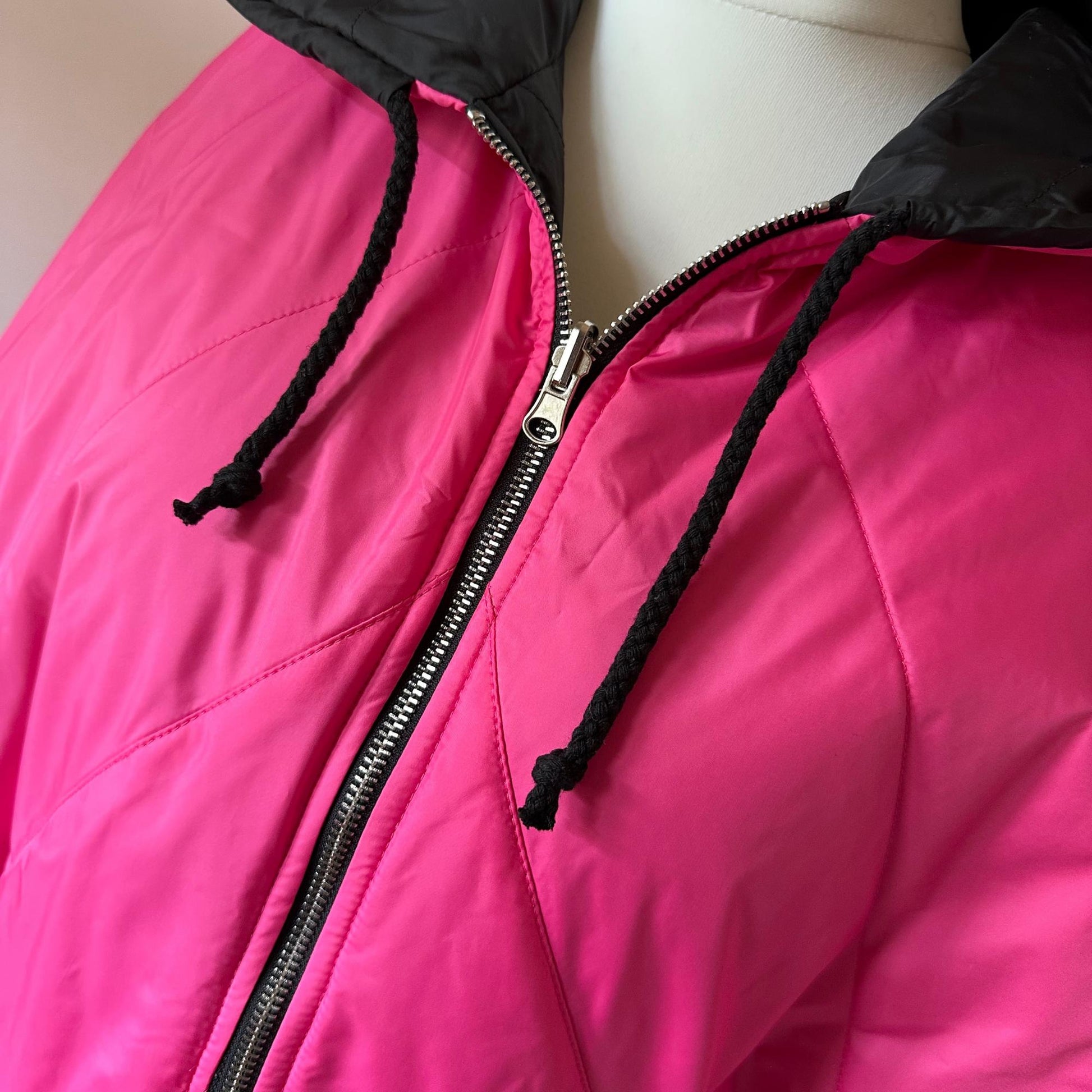 Puffer Hot Pink Black Reversible Mid - Season Quilted Jacket with Hood - My Love Cape