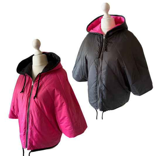 Puffer Hot Pink Black Reversible Mid - Season Quilted Jacket with Hood - My Love Cape