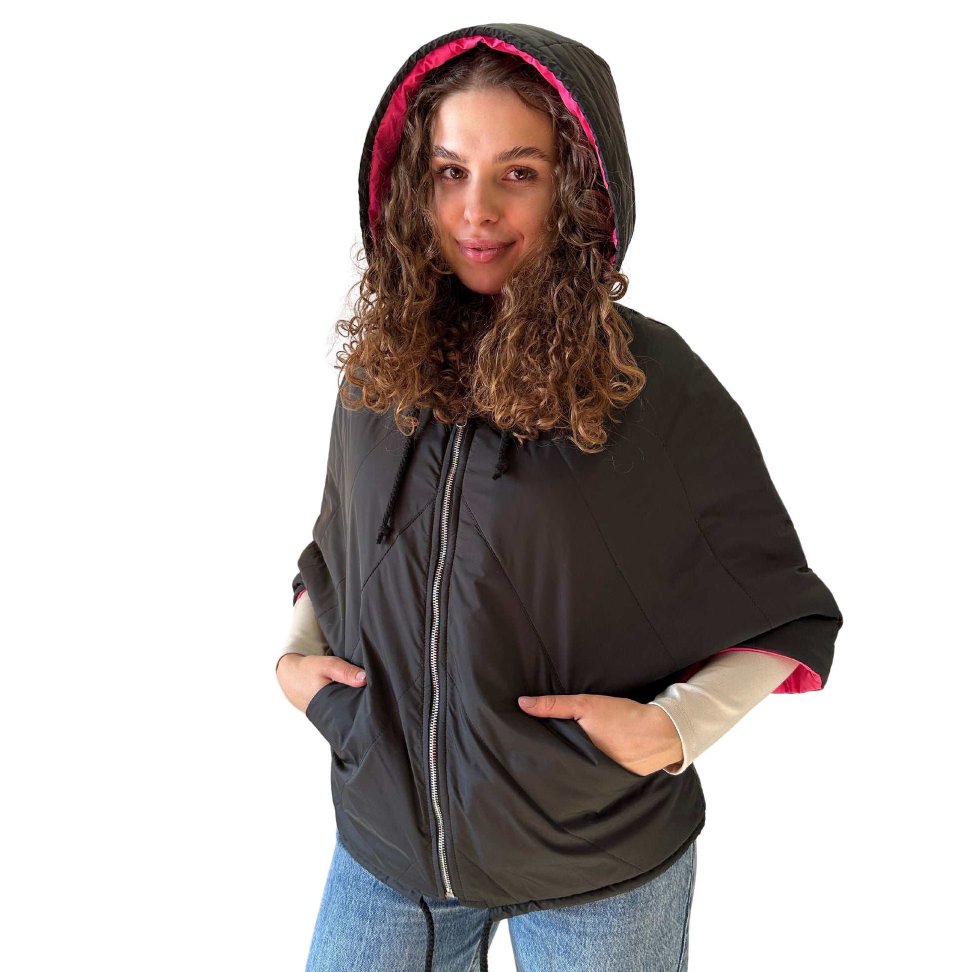 Puffer Hot Pink Black Reversible Mid - Season Quilted Jacket with Hood - My Love Cape