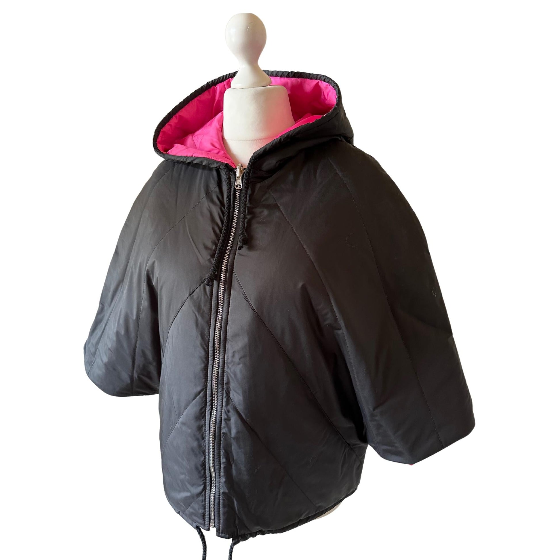 Puffer Hot Pink Black Reversible Mid - Season Quilted Jacket with Hood - My Love Cape