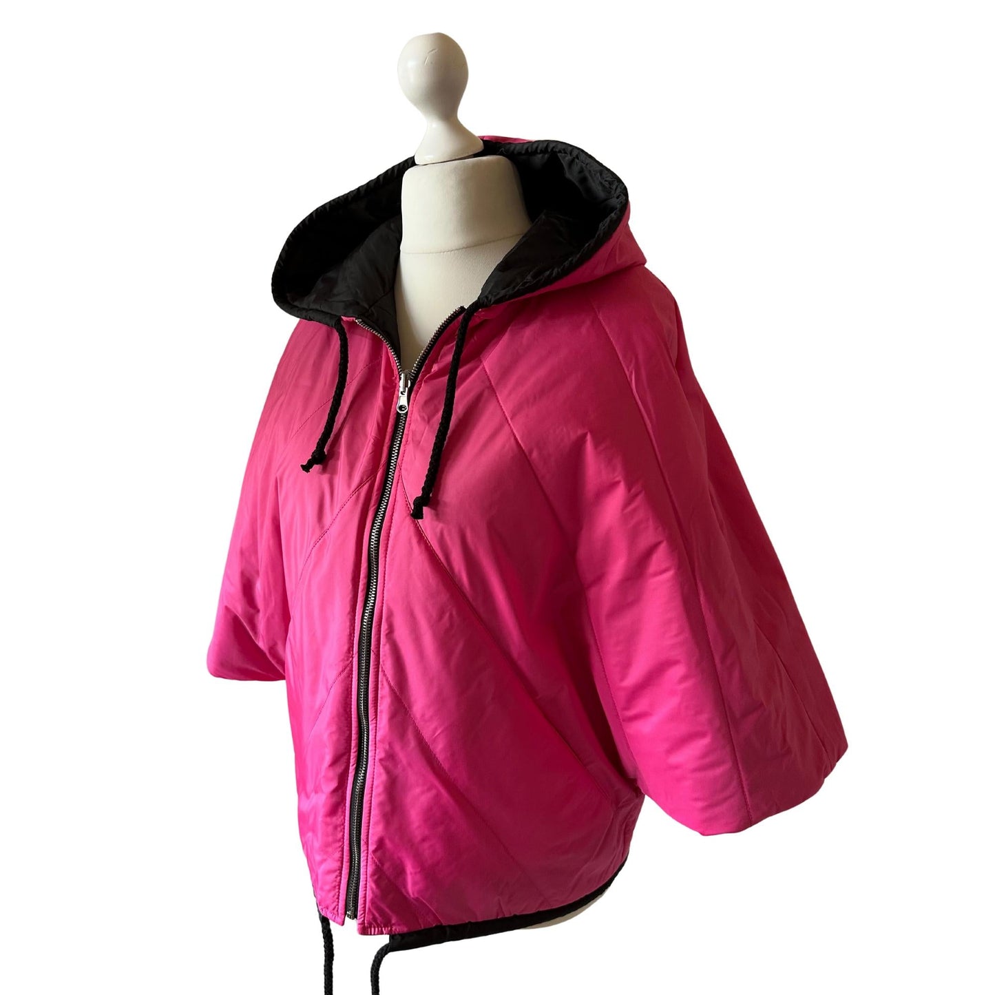 Puffer Hot Pink Black Reversible Mid - Season Quilted Jacket with Hood - My Love Cape