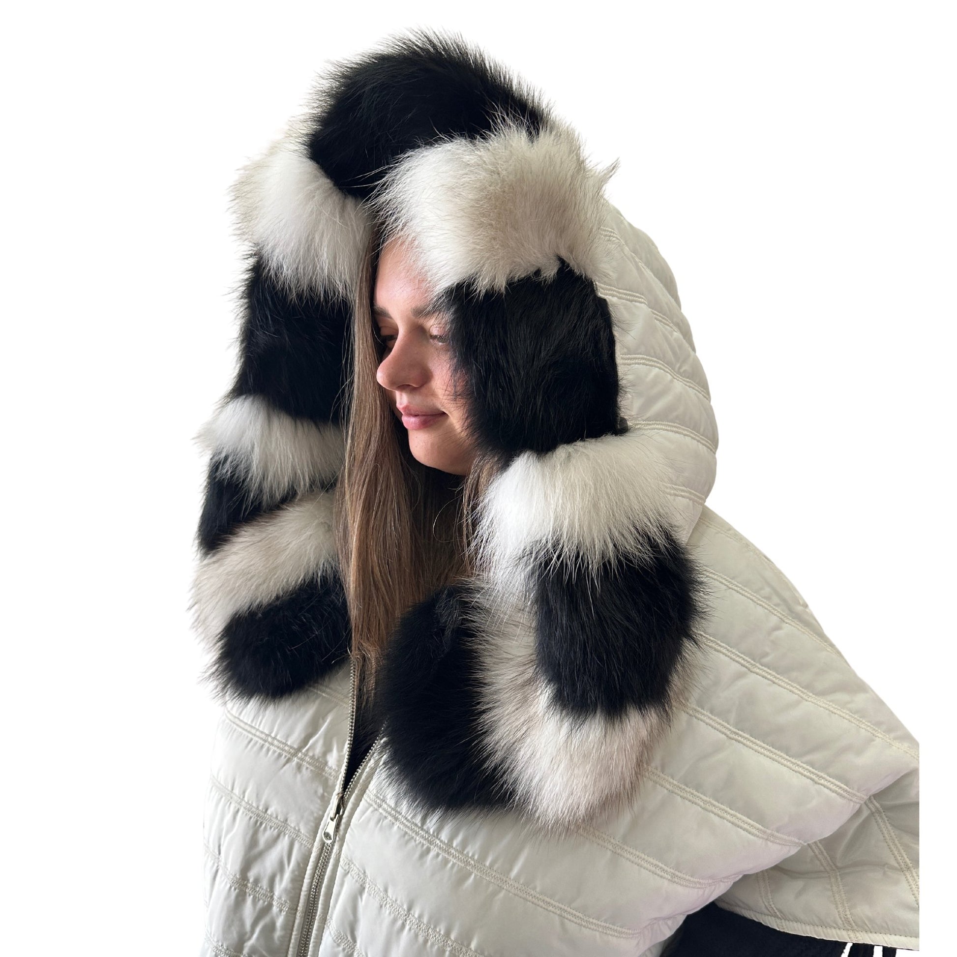 Puffer Ivory Black Quilted Double - Sided Long Coat Vest Cape with Hood - Stylish and Warm Women's Outerwear Plus size - My Love Cape