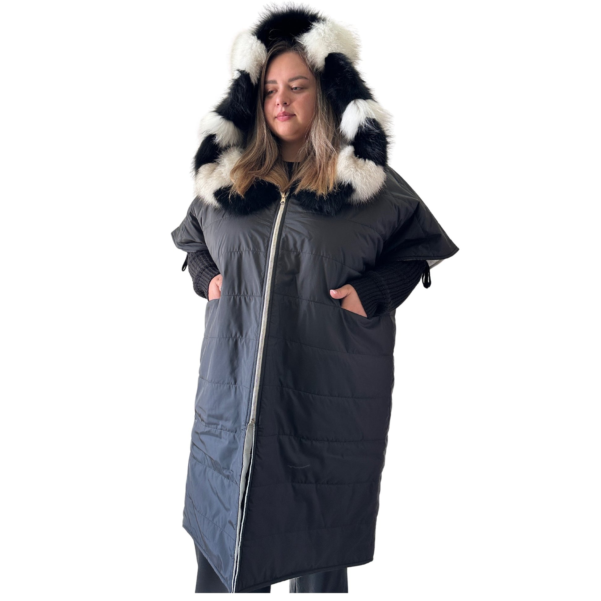 Puffer Ivory Black Quilted Double - Sided Long Coat Vest Cape with Hood - Stylish and Warm Women's Outerwear Plus size - My Love Cape