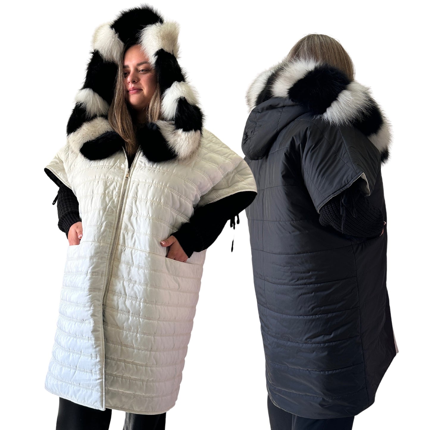 Puffer Ivory Black Quilted Double - Sided Long Coat Vest Cape with Hood - Stylish and Warm Women's Outerwear Plus size - My Love Cape