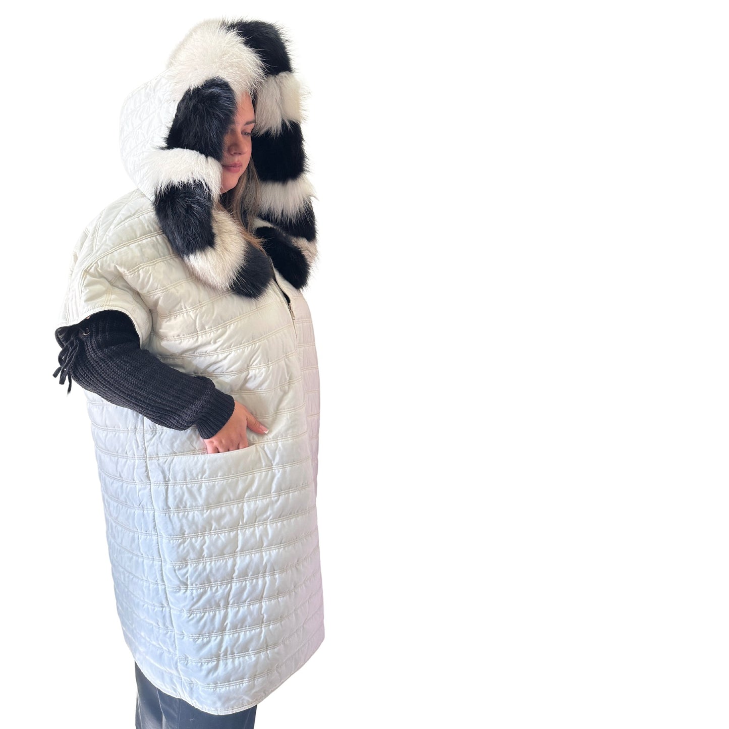 Puffer Ivory Black Quilted Double - Sided Long Coat Vest Cape with Hood - Stylish and Warm Women's Outerwear Plus size - My Love Cape