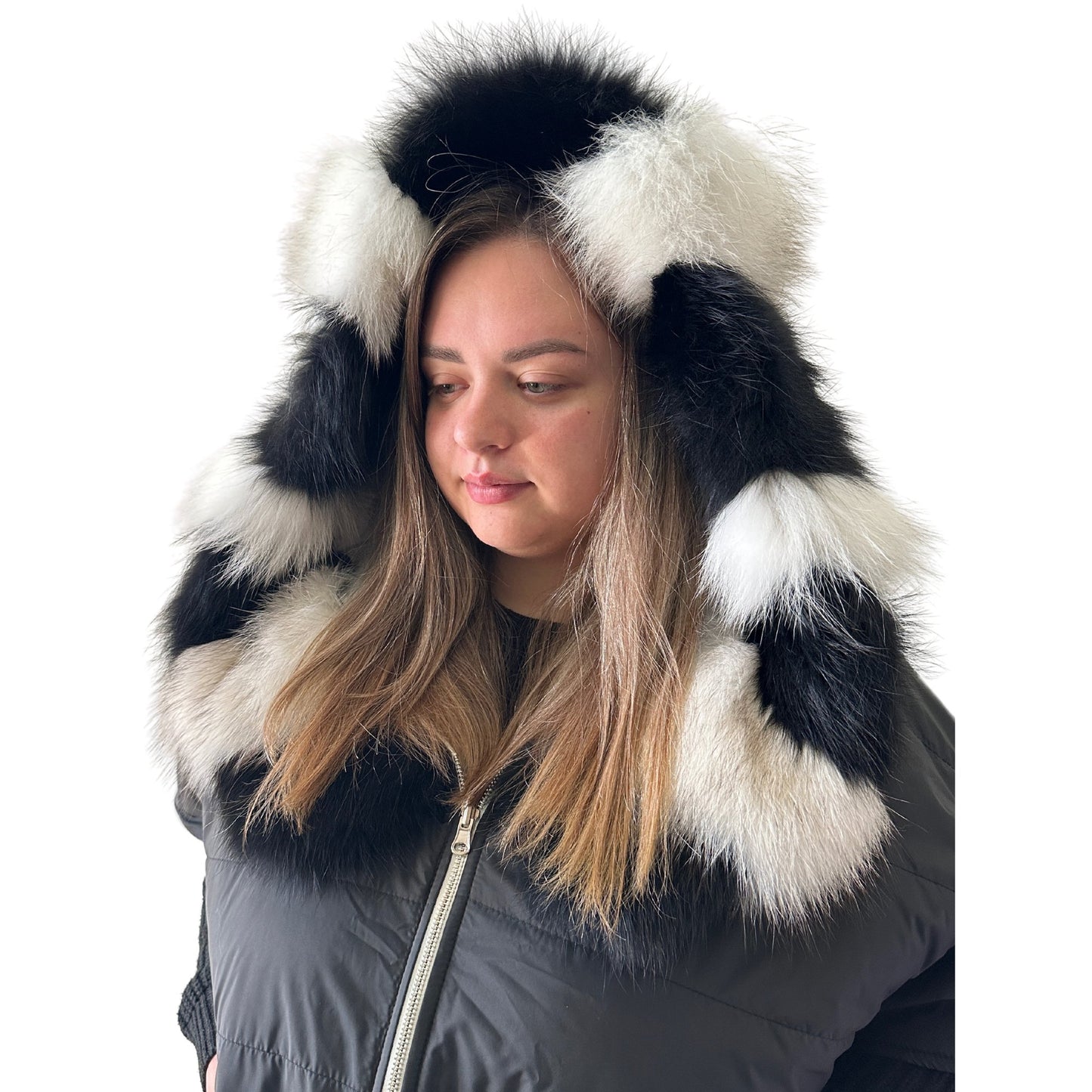 Puffer Ivory Black Quilted Double - Sided Long Coat Vest Cape with Hood - Stylish and Warm Women's Outerwear Plus size - My Love Cape