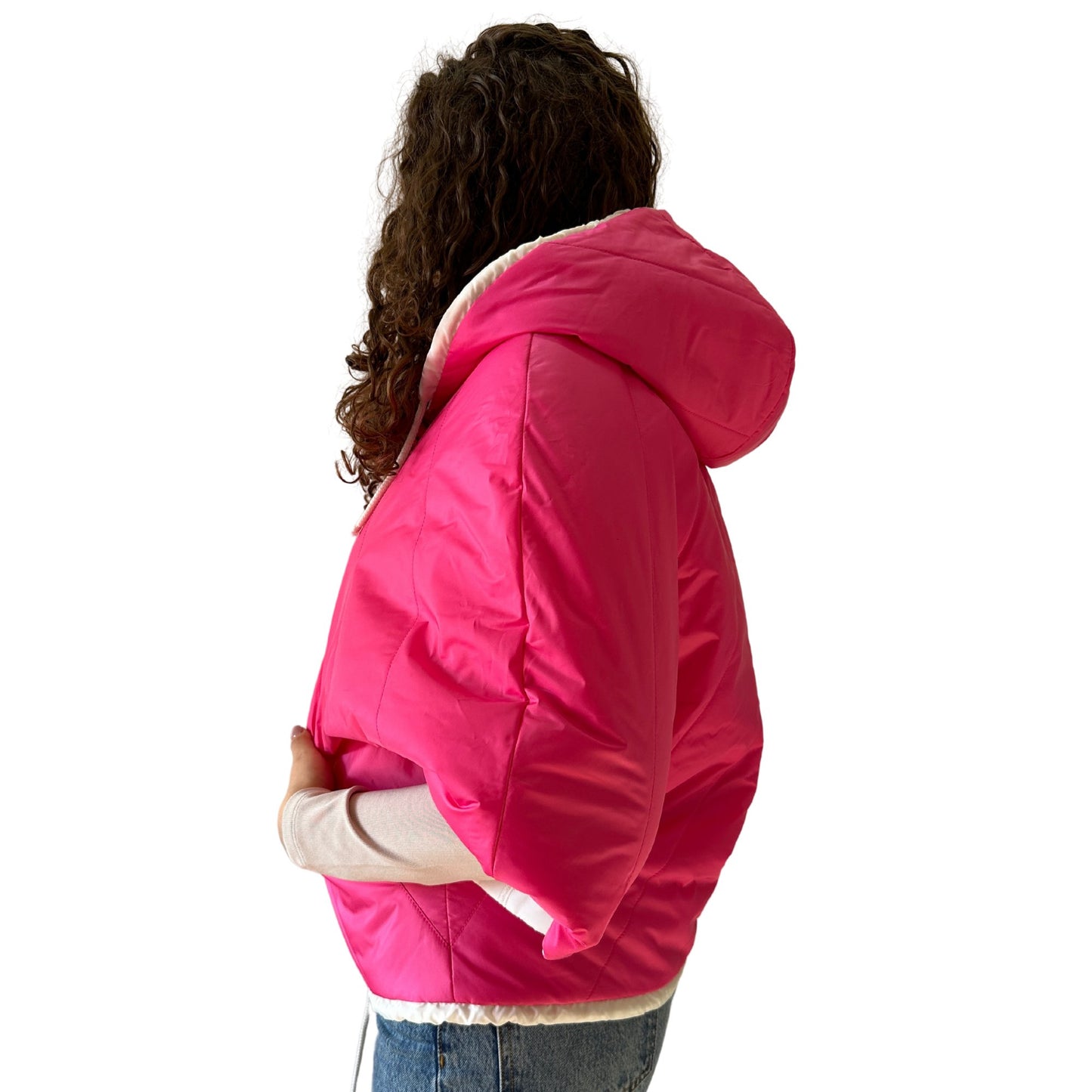 Puffer Ivory Hot Pink Reversible Mid - Season Quilted Jacket with Hood - My Love Cape