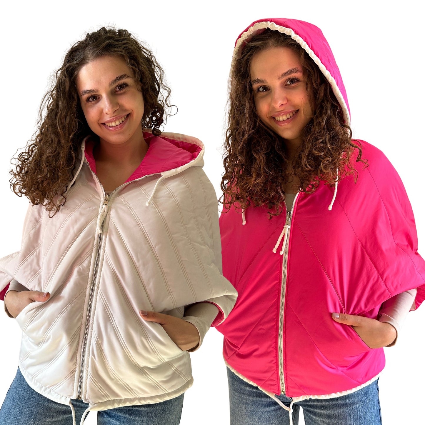 Puffer Ivory Hot Pink Reversible Mid - Season Quilted Jacket with Hood - My Love Cape