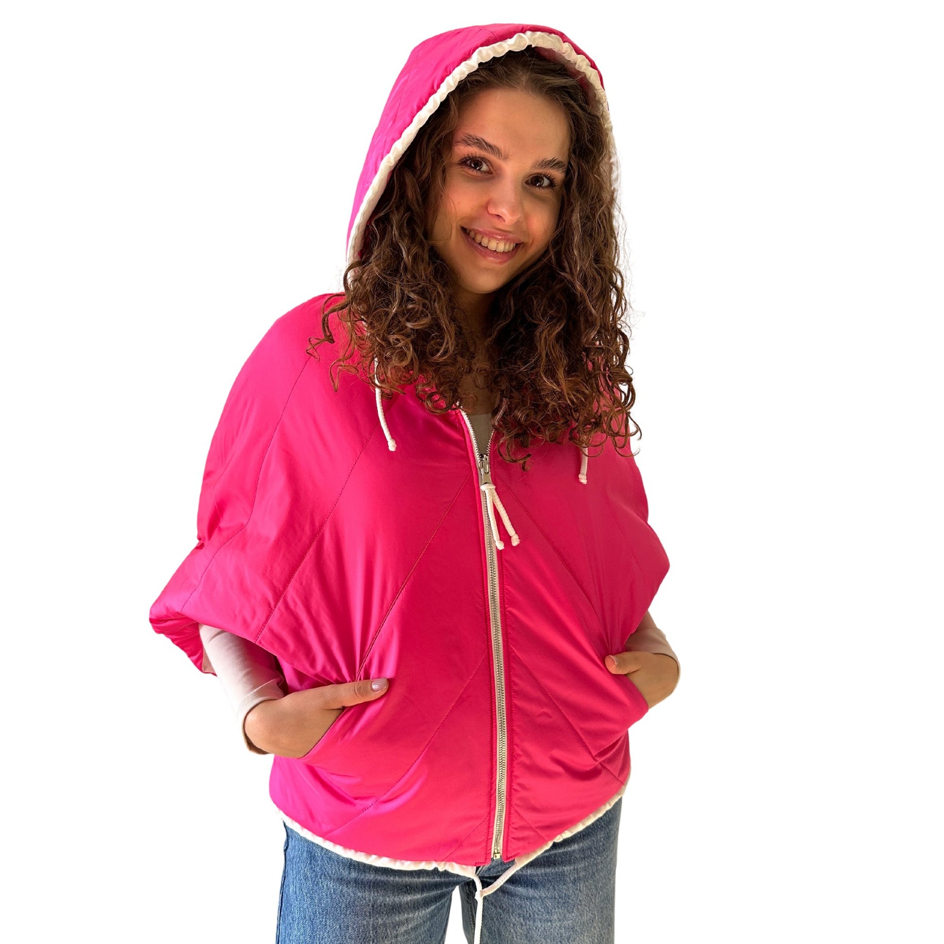 Puffer Ivory Hot Pink Reversible Mid - Season Quilted Jacket with Hood - My Love Cape