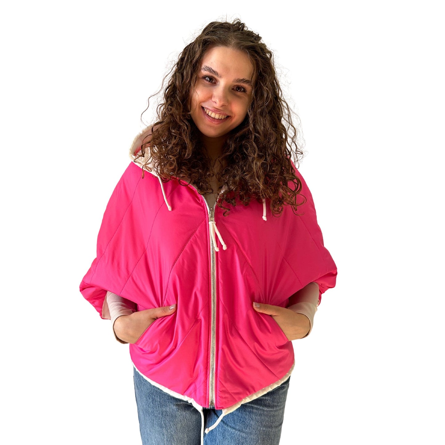 Puffer Ivory Hot Pink Reversible Mid - Season Quilted Jacket with Hood - My Love Cape