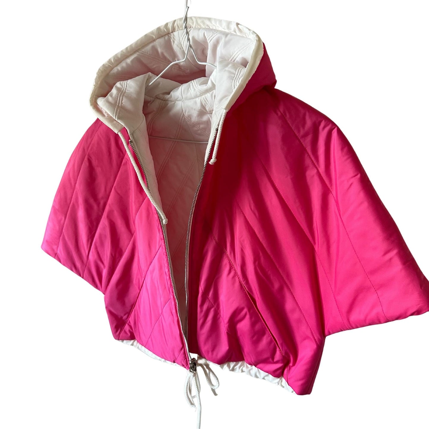 Puffer Ivory Hot Pink Reversible Mid - Season Quilted Jacket with Hood and Zipper, Made of Raincoat Fabric (One Size for Girls 6 - 10 Years) - My Love Cape