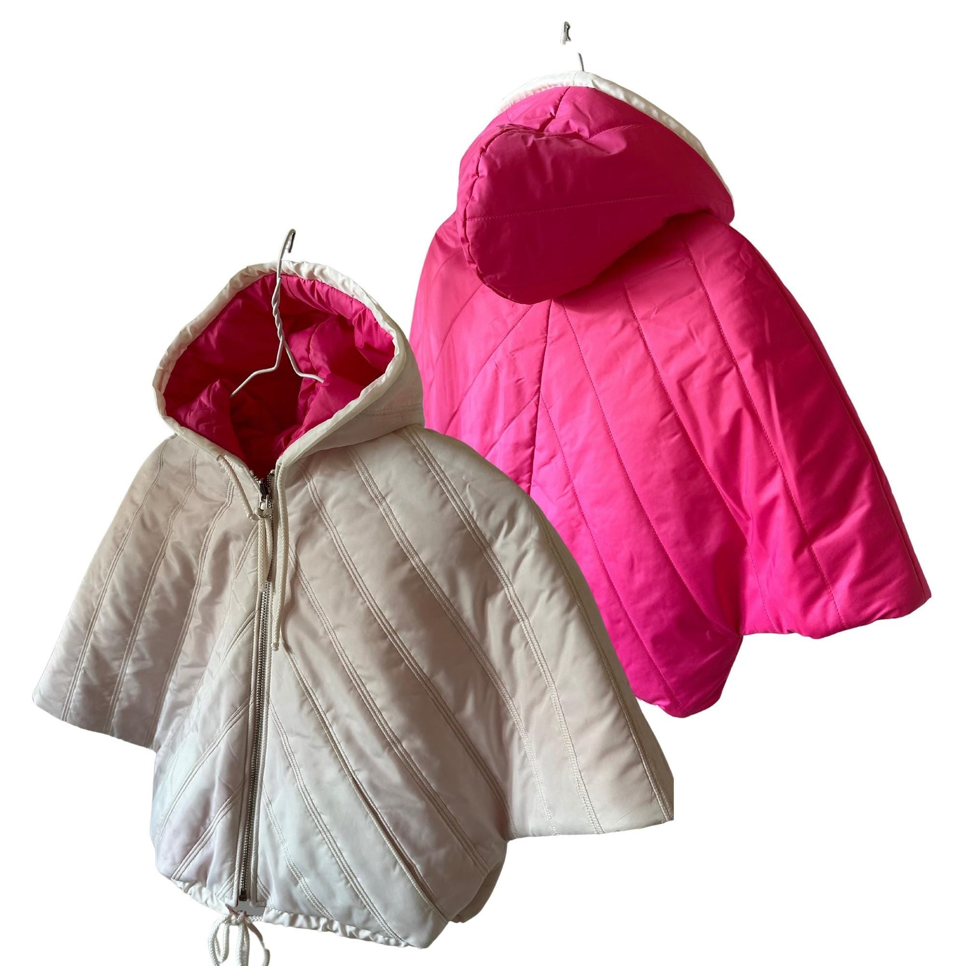 Puffer Ivory Hot Pink Reversible Mid - Season Quilted Jacket with Hood and Zipper, Made of Raincoat Fabric (One Size for Girls 6 - 10 Years) - My Love Cape