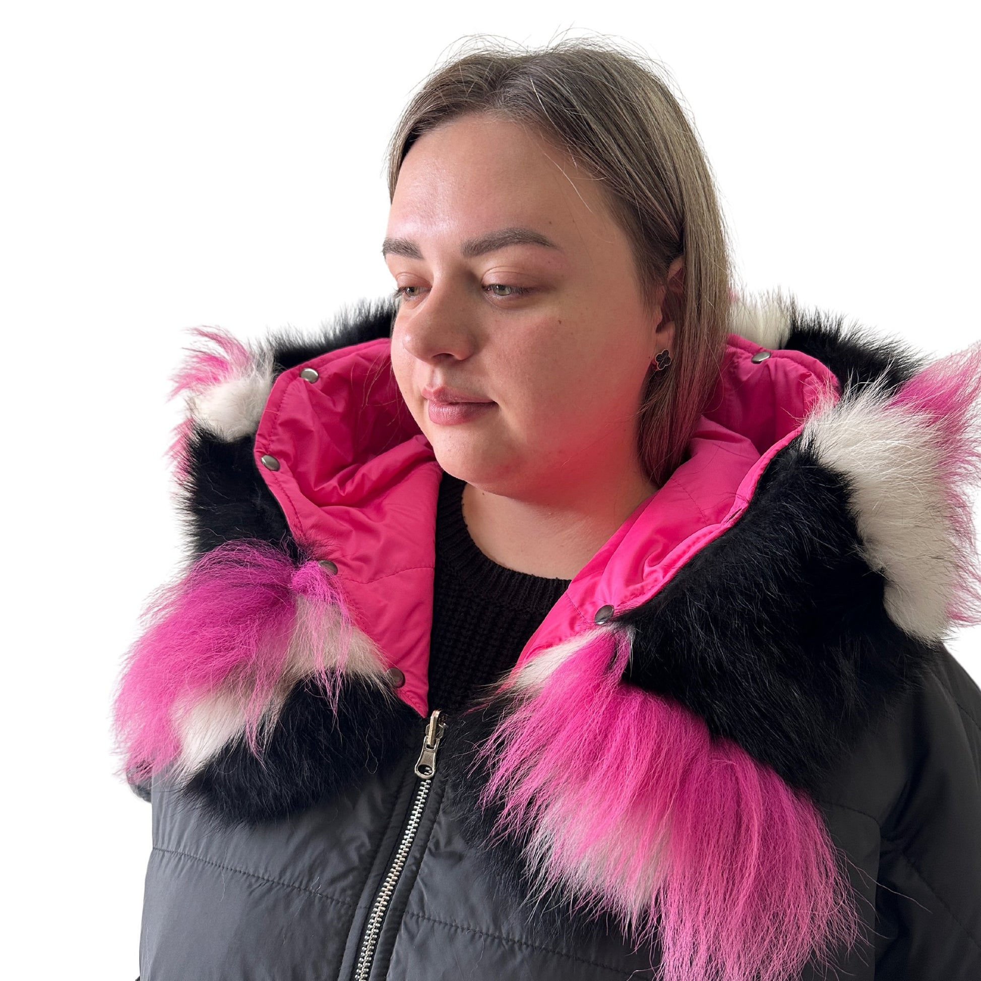 Puffer Pink Black Quilted Double - Sided Long Coat Vest Cape with Hood - Stylish and Warm Women's Outerwear Plus size - My Love Cape