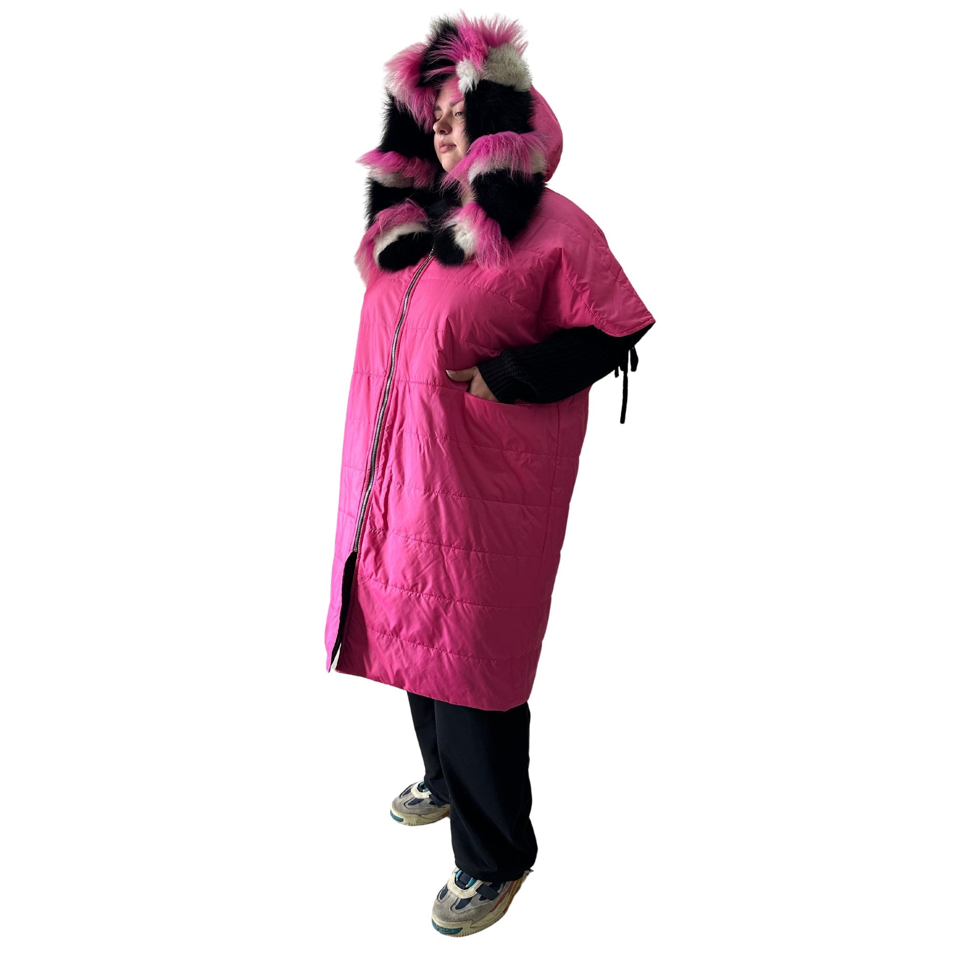 Puffer Pink Black Quilted Double - Sided Long Coat Vest Cape with Hood - Stylish and Warm Women's Outerwear Plus size - My Love Cape