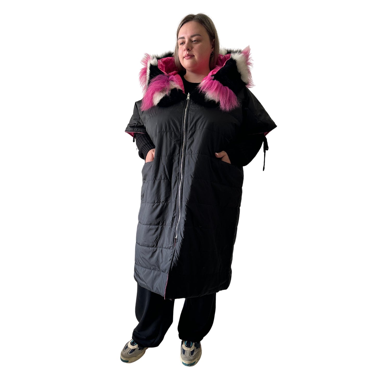 Puffer Pink Black Quilted Double - Sided Long Coat Vest Cape with Hood - Stylish and Warm Women's Outerwear Plus size - My Love Cape