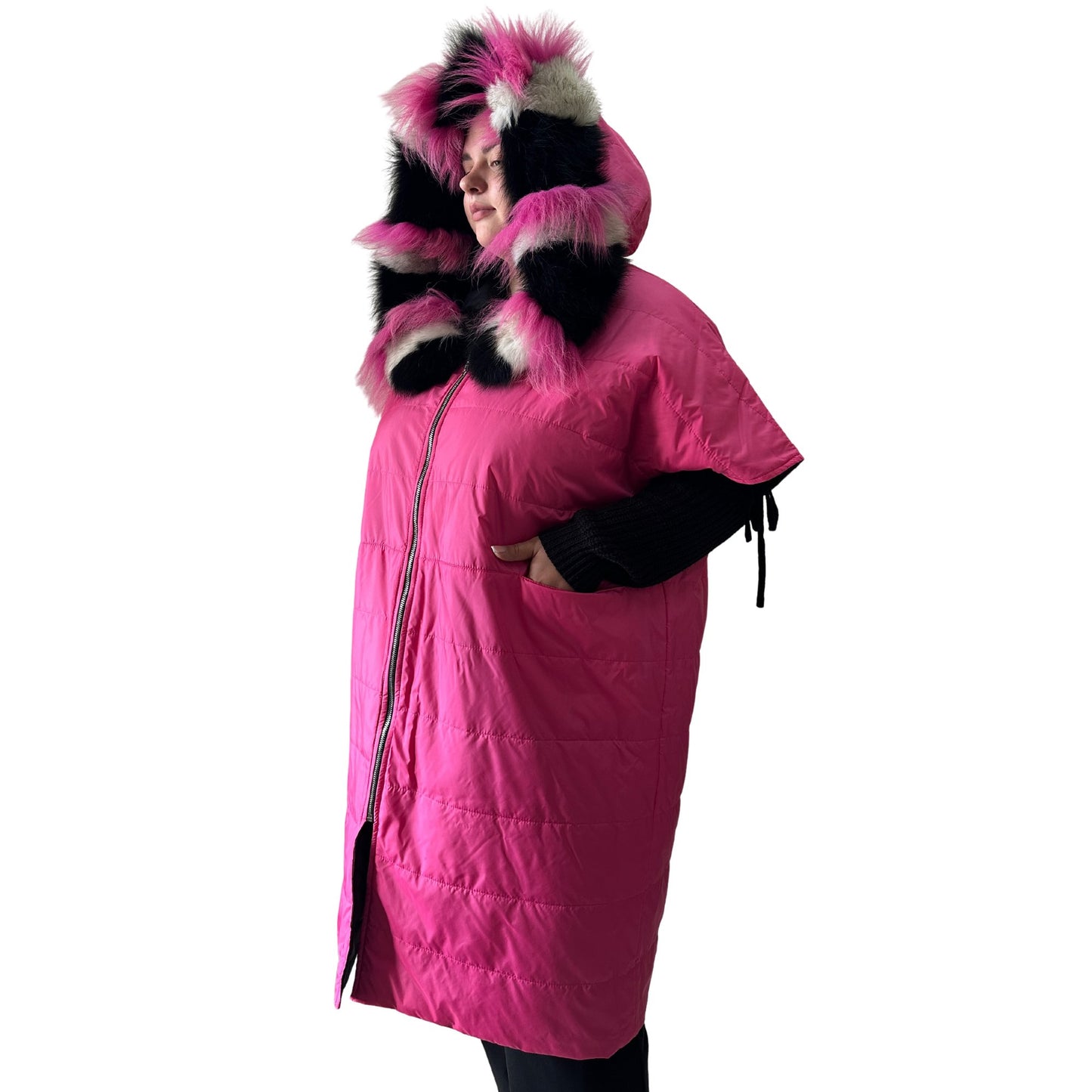 Puffer Pink Black Quilted Double - Sided Long Coat Vest Cape with Hood - Stylish and Warm Women's Outerwear Plus size - My Love Cape