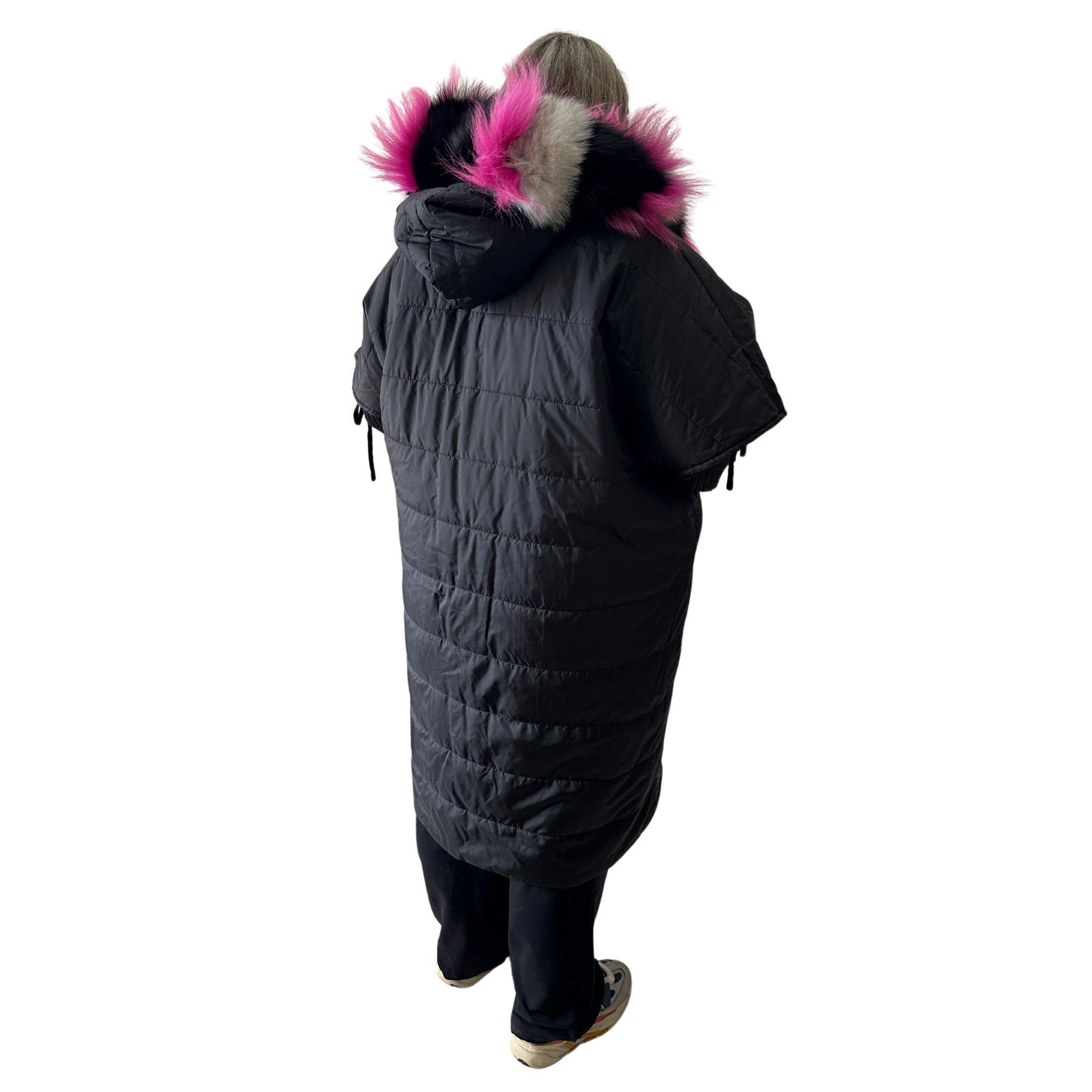 Puffer Pink Black Quilted Double - Sided Long Coat Vest Cape with Hood - Stylish and Warm Women's Outerwear Plus size - My Love Cape