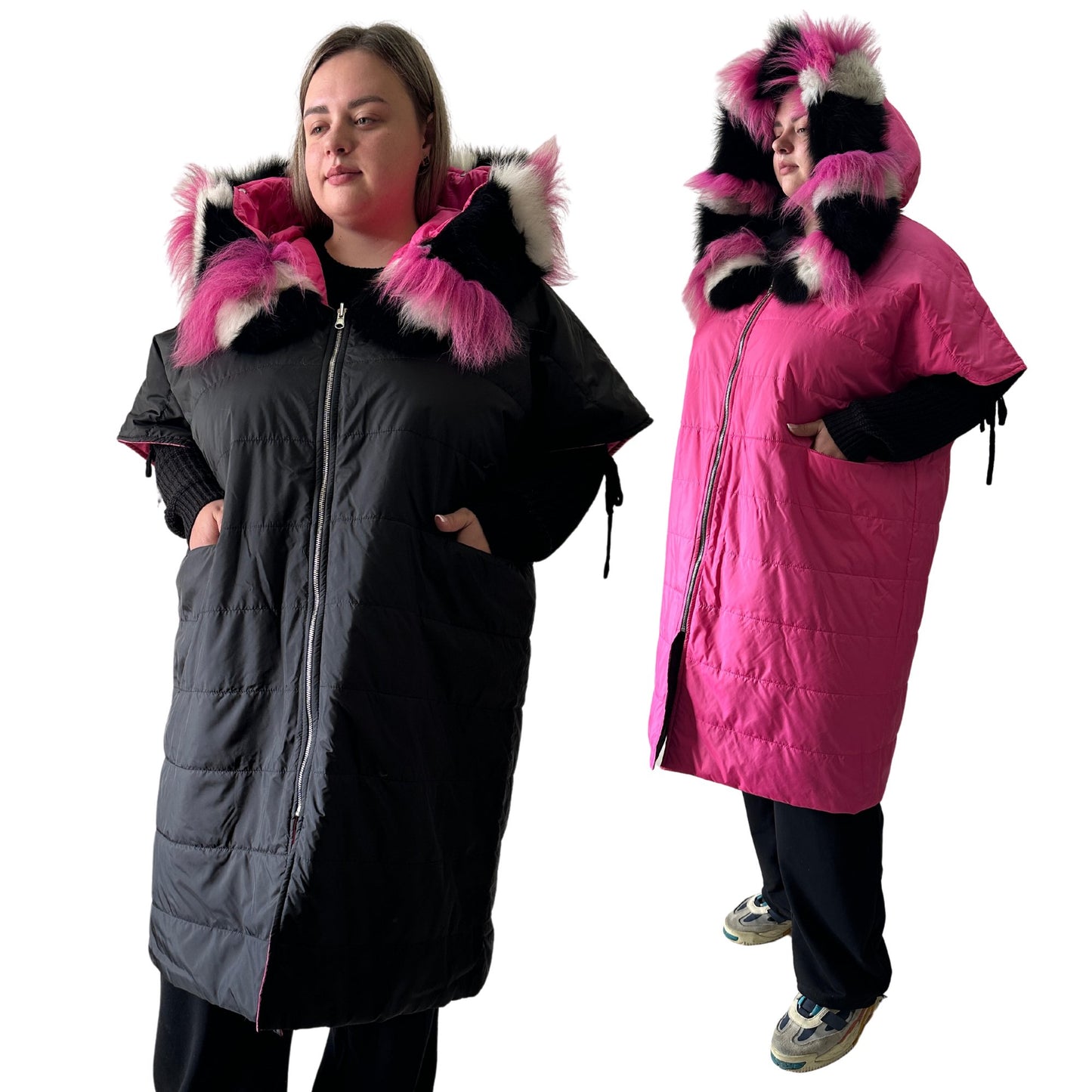 Puffer Pink Black Quilted Double - Sided Long Coat Vest Cape with Hood - Stylish and Warm Women's Outerwear Plus size - My Love Cape