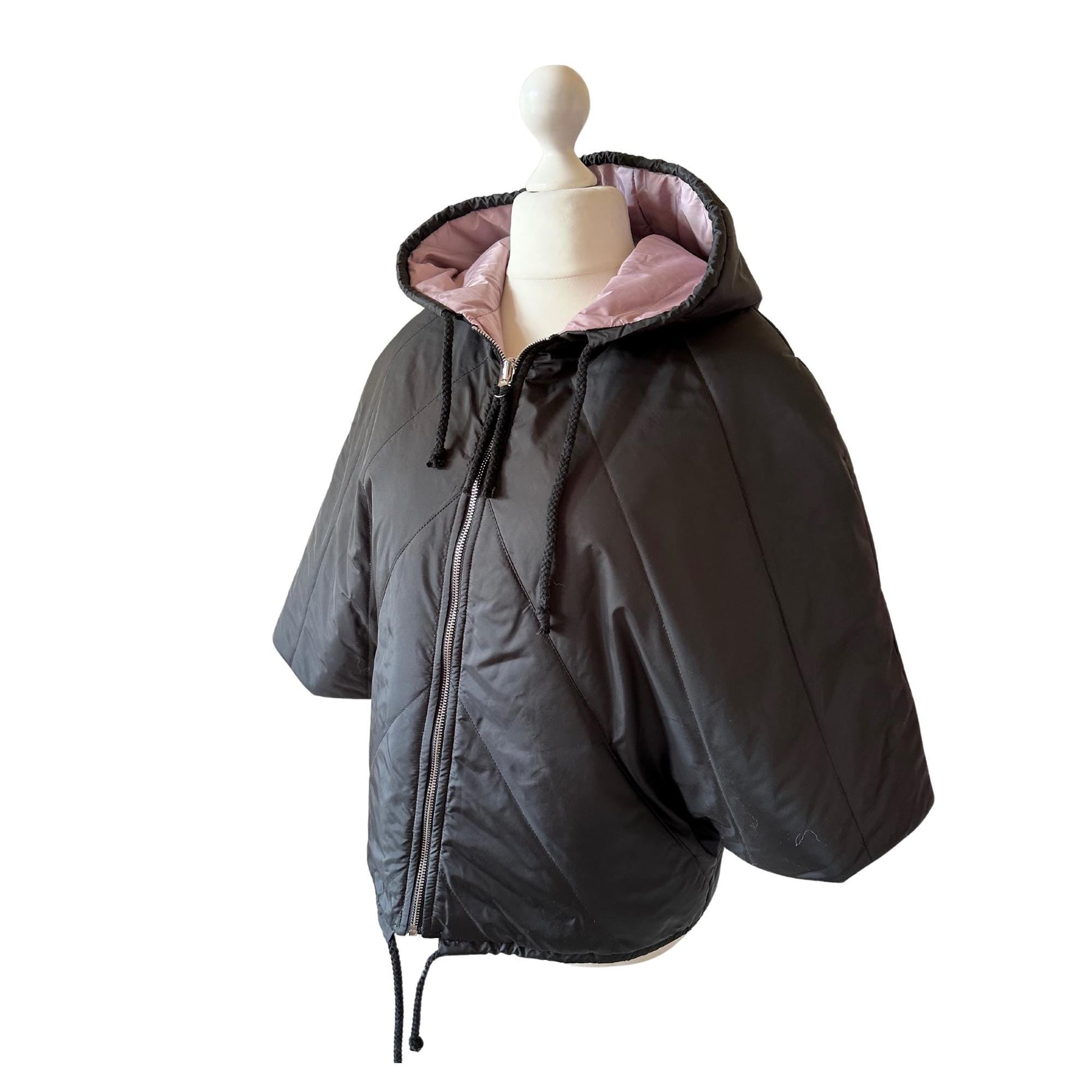 Puffer Pink Black Reversible Mid - Season Quilted Jacket with Hood - My Love Cape