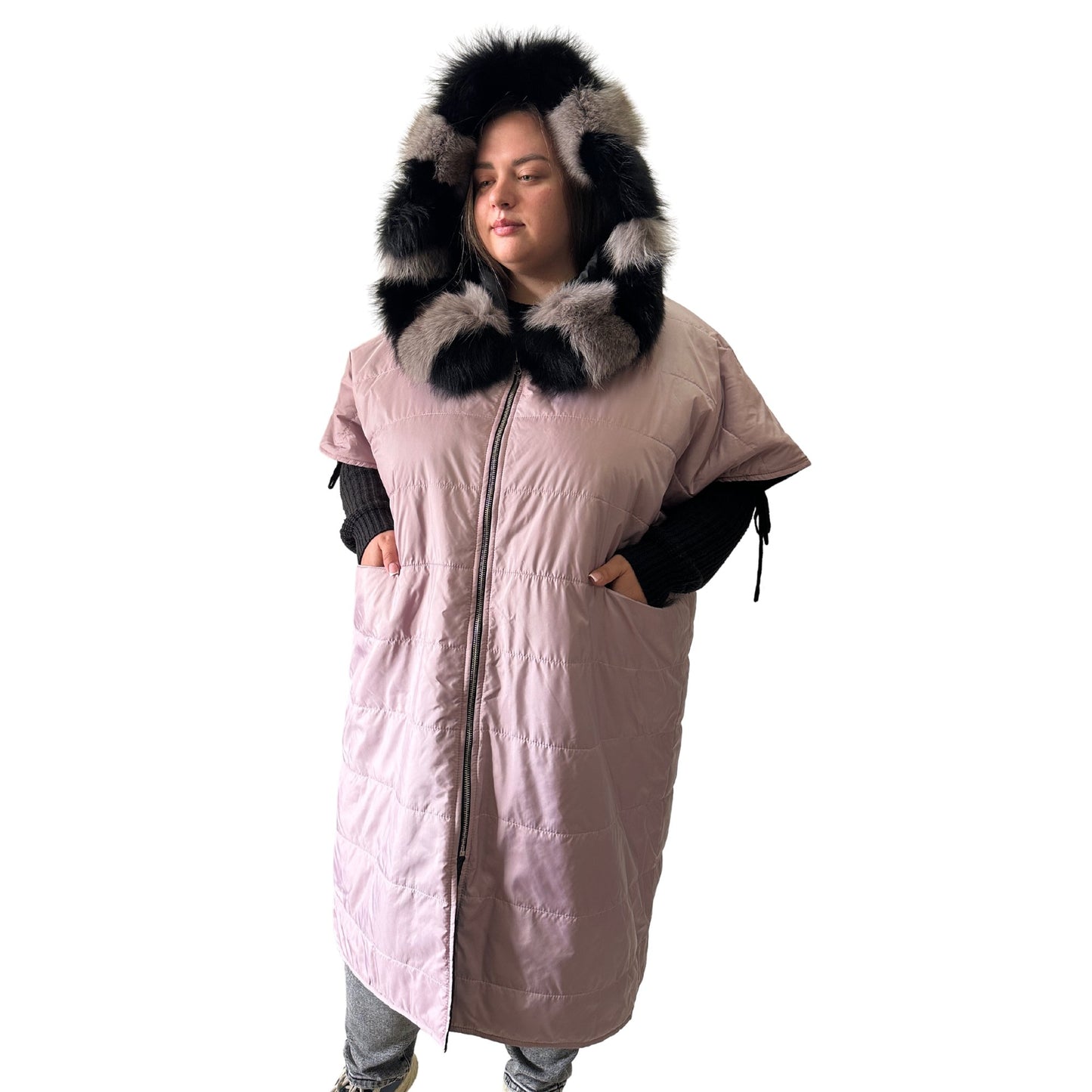 Puffer Purple Black Quilted Double - Sided Long Coat Vest Cape with Hood - Stylish and Warm Women's Outerwear Plus size - My Love Cape