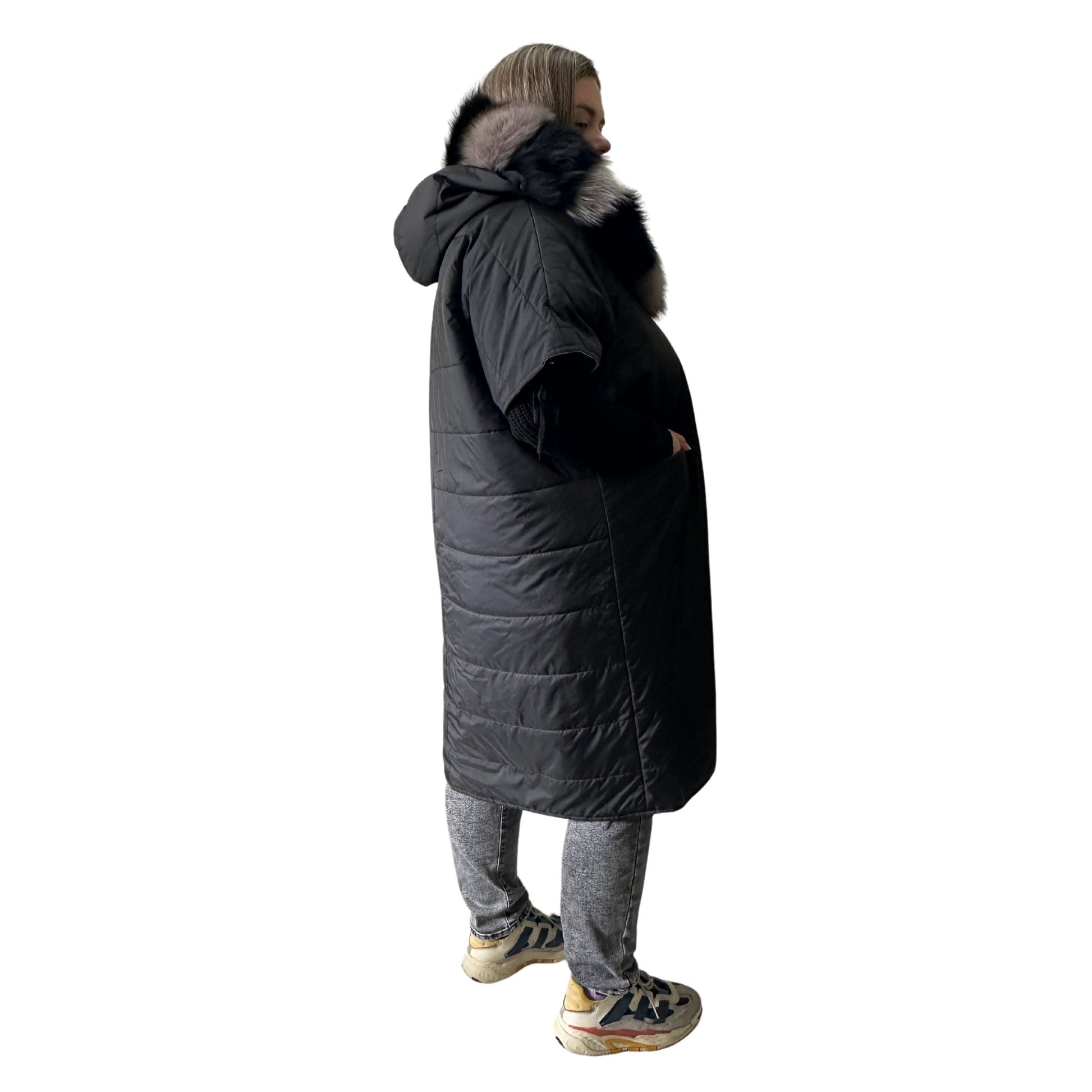 Puffer Purple Black Quilted Double - Sided Long Coat Vest Cape with Hood - Stylish and Warm Women's Outerwear Plus size - My Love Cape