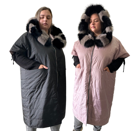 Puffer Purple Black Quilted Double - Sided Long Coat Vest Cape with Hood - Stylish and Warm Women's Outerwear Plus size - My Love Cape