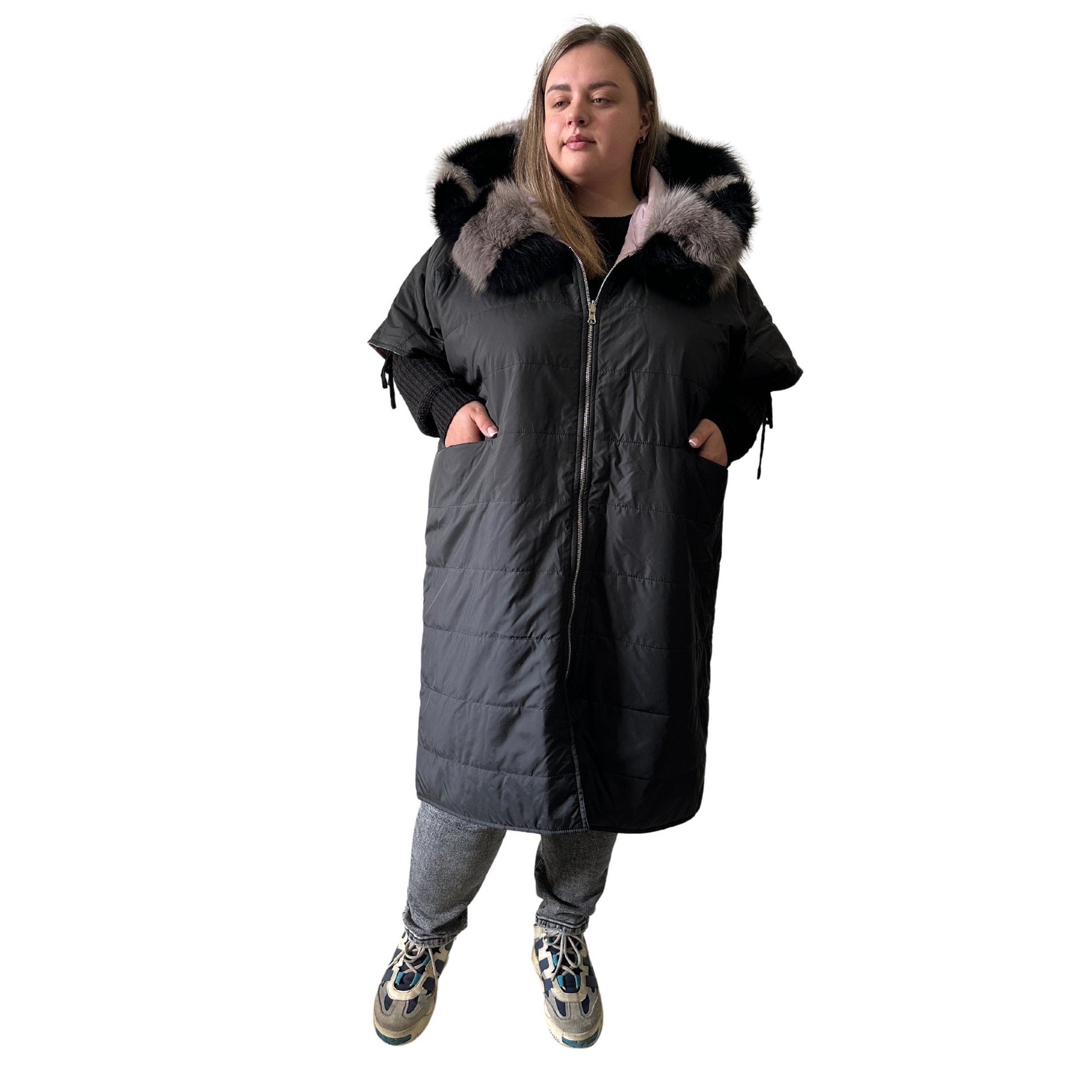 Puffer Purple Black Quilted Double - Sided Long Coat Vest Cape with Hood - Stylish and Warm Women's Outerwear Plus size - My Love Cape