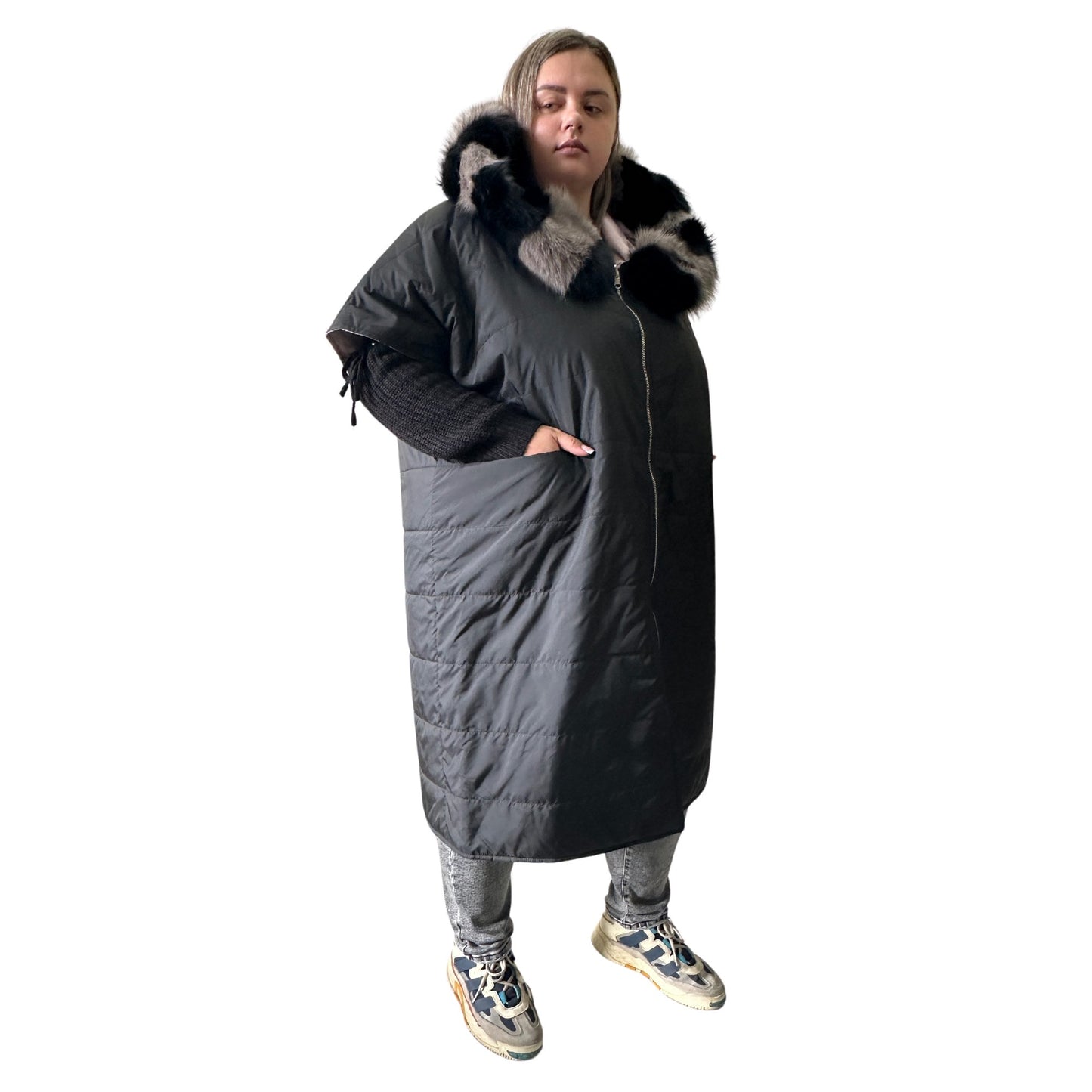 Puffer Purple Black Quilted Double - Sided Long Coat Vest Cape with Hood - Stylish and Warm Women's Outerwear Plus size - My Love Cape