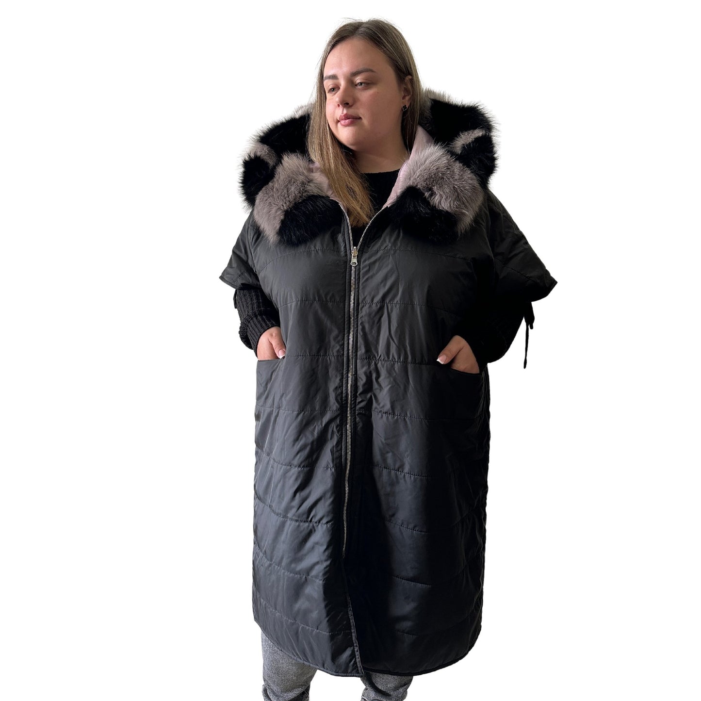 Puffer Purple Black Quilted Double - Sided Long Coat Vest Cape with Hood - Stylish and Warm Women's Outerwear Plus size - My Love Cape