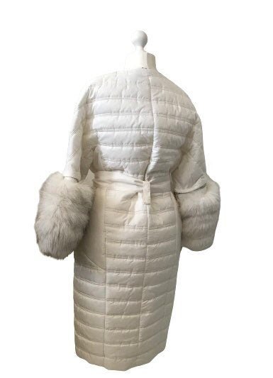 Puffer Women White Quilted Coat Fox Fur Sleeves Transformers - My Love Cape