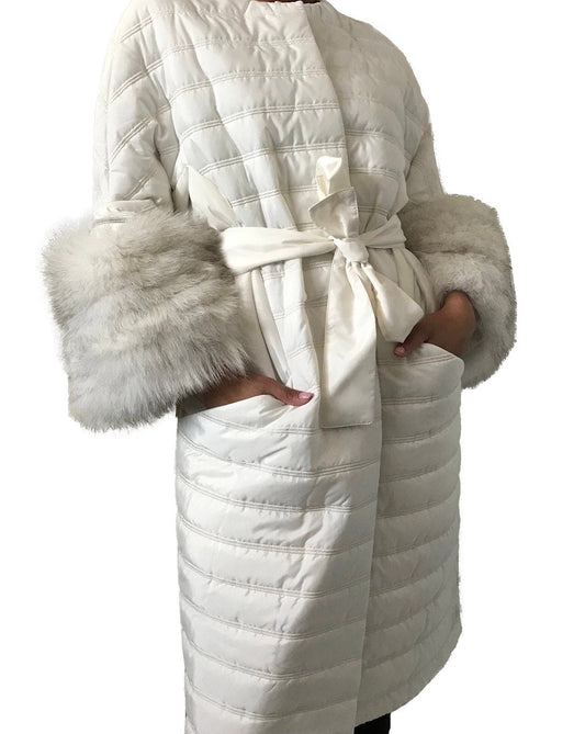 Puffer Women White Quilted Coat Fox Fur Sleeves Transformers - My Love Cape