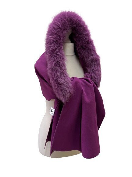 Purple Women Scarf Stole Cape Wrap Trim Fox Fur, Extra Large Shawl, Winter Gift, Cashmere Woolen blend Cape Scarf - My Love Cape