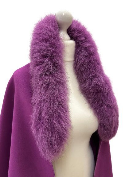 Purple Women Scarf Stole Cape Wrap Trim Fox Fur, Extra Large Shawl, Winter Gift, Cashmere Woolen blend Cape Scarf - My Love Cape