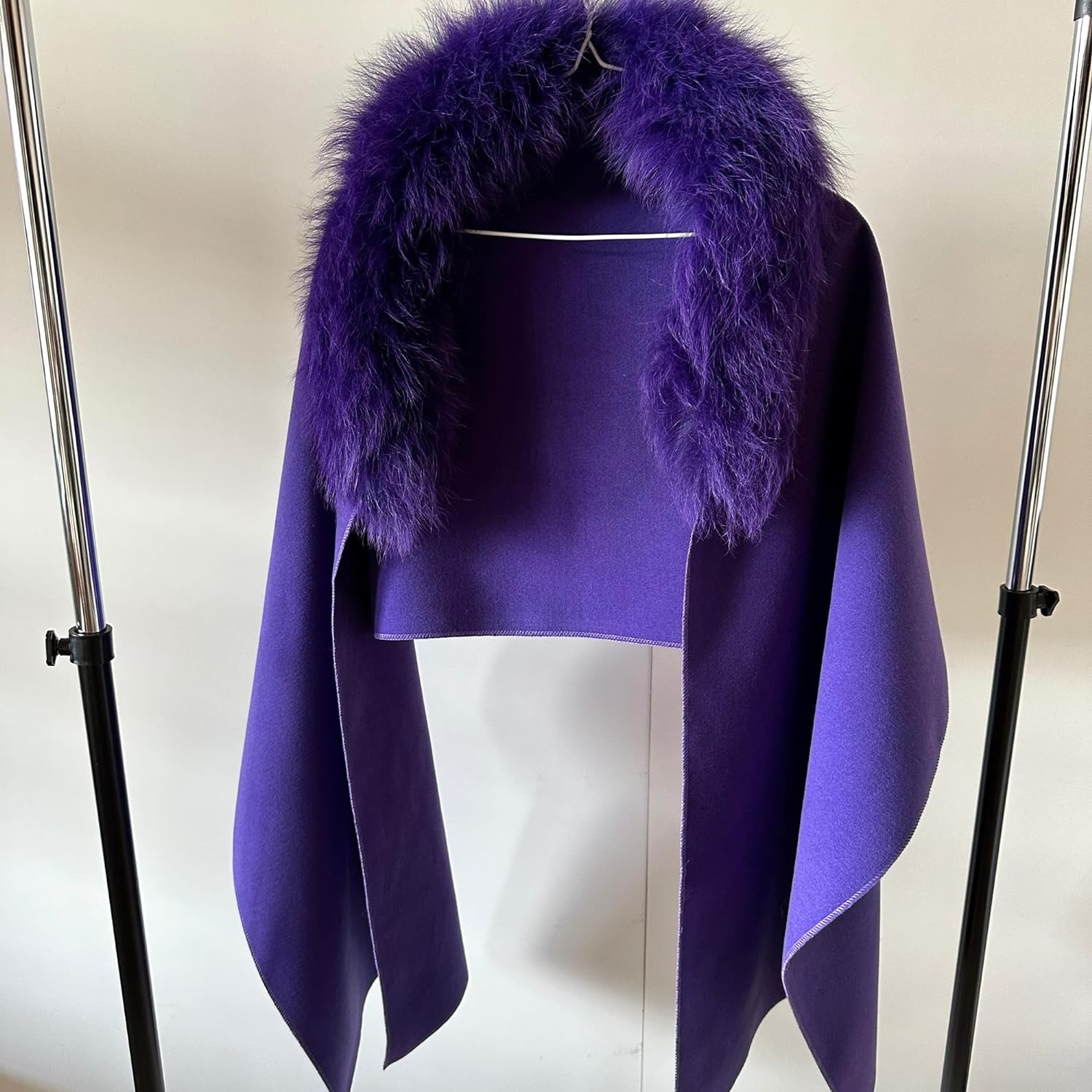 Purple Women Scarf Stole Cape Wrap Trim Fox Fur, Extra Large Shawl, Winter Gift, Cashmere Woolen blend Cape Scarf 200cm *50cm - My Love Cape