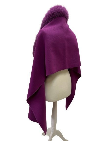 Purple Women Scarf Stole Cape Wrap Trim Fox Fur, Extra Large Shawl, Winter Gift, Cashmere Woolen blend Cape Scarf - My Love Cape