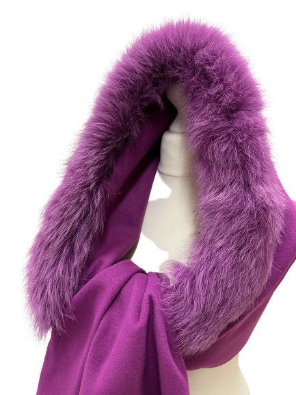 Purple Women Scarf Stole Cape Wrap Trim Fox Fur, Extra Large Shawl, Winter Gift, Cashmere Woolen blend Cape Scarf - My Love Cape