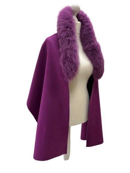 Purple Women Scarf Stole Cape Wrap Trim Fox Fur, Extra Large Shawl, Winter Gift, Cashmere Woolen blend Cape Scarf - My Love Cape