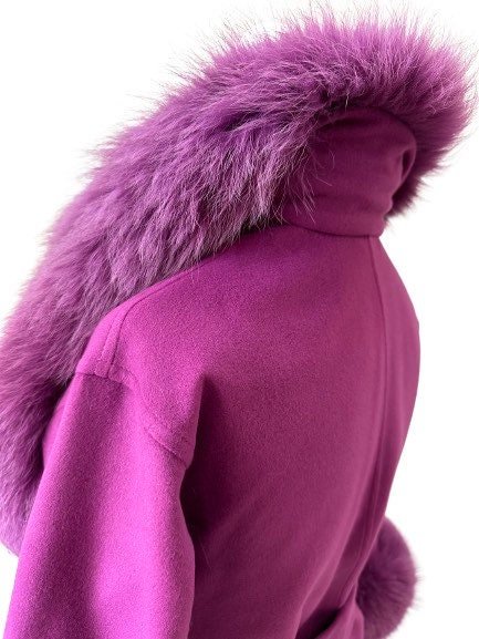 Purple Wrap Elegant Women coat, Long Belted Feminine Overcoat Trim Fox Fur, Cashmere Woolen blend Coat Wrap - My Love Cape