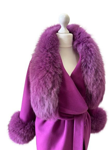 Purple Wrap Elegant Women coat, Long Belted Feminine Overcoat Trim Fox Fur, Cashmere Woolen blend Coat Wrap - My Love Cape