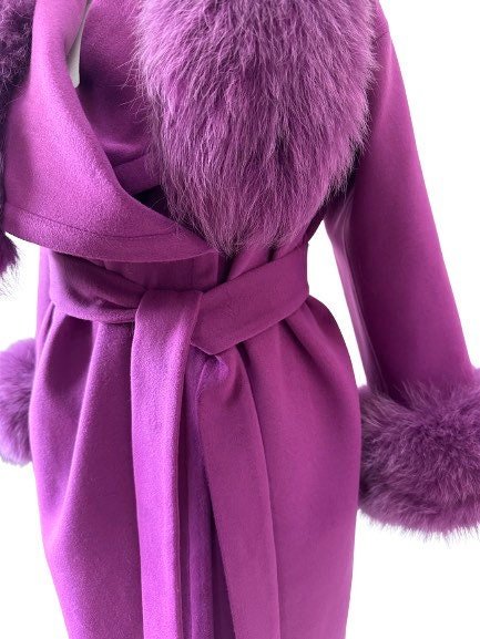 Purple Wrap Elegant Women coat, Long Belted Feminine Overcoat Trim Fox Fur, Cashmere Woolen blend Coat Wrap - My Love Cape