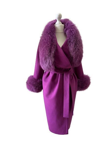 Purple Wrap Elegant Women coat, Long Belted Feminine Overcoat Trim Fox Fur, Cashmere Woolen blend Coat Wrap - My Love Cape