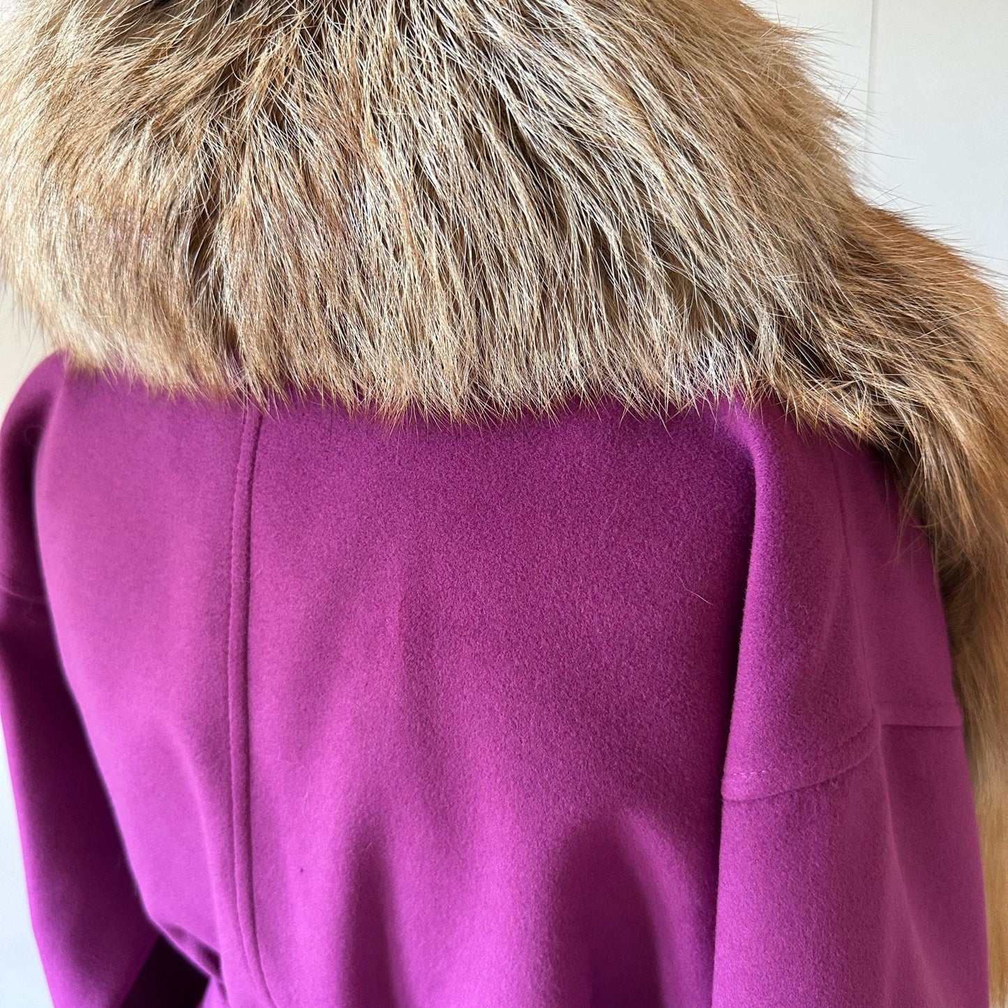 Purple Wrap Elegant Women coat, Long Belted Feminine Overcoat Trim Fox Fur, Woolen blend Coat Wrap - My Love Cape