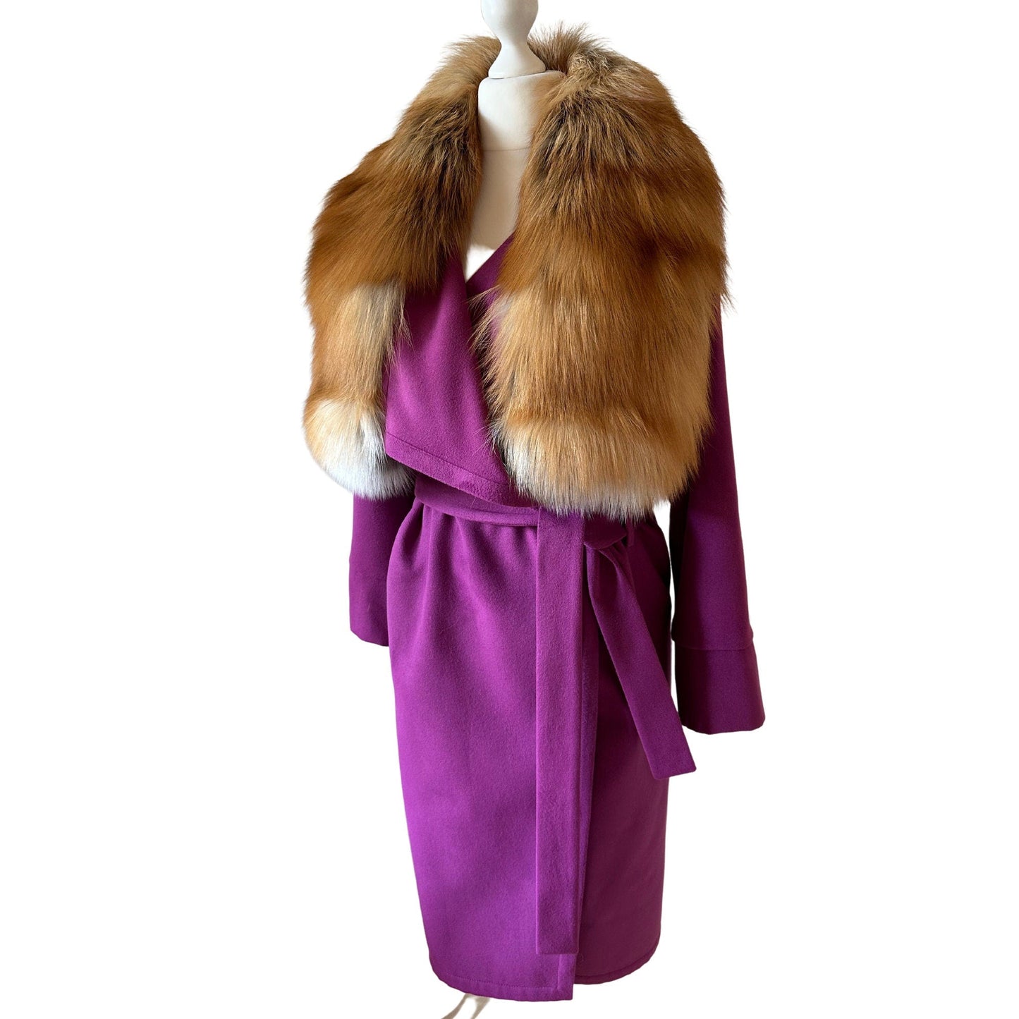 Purple Wrap Elegant Women coat, Long Belted Feminine Overcoat Trim Fox Fur, Woolen blend Coat Wrap - My Love Cape