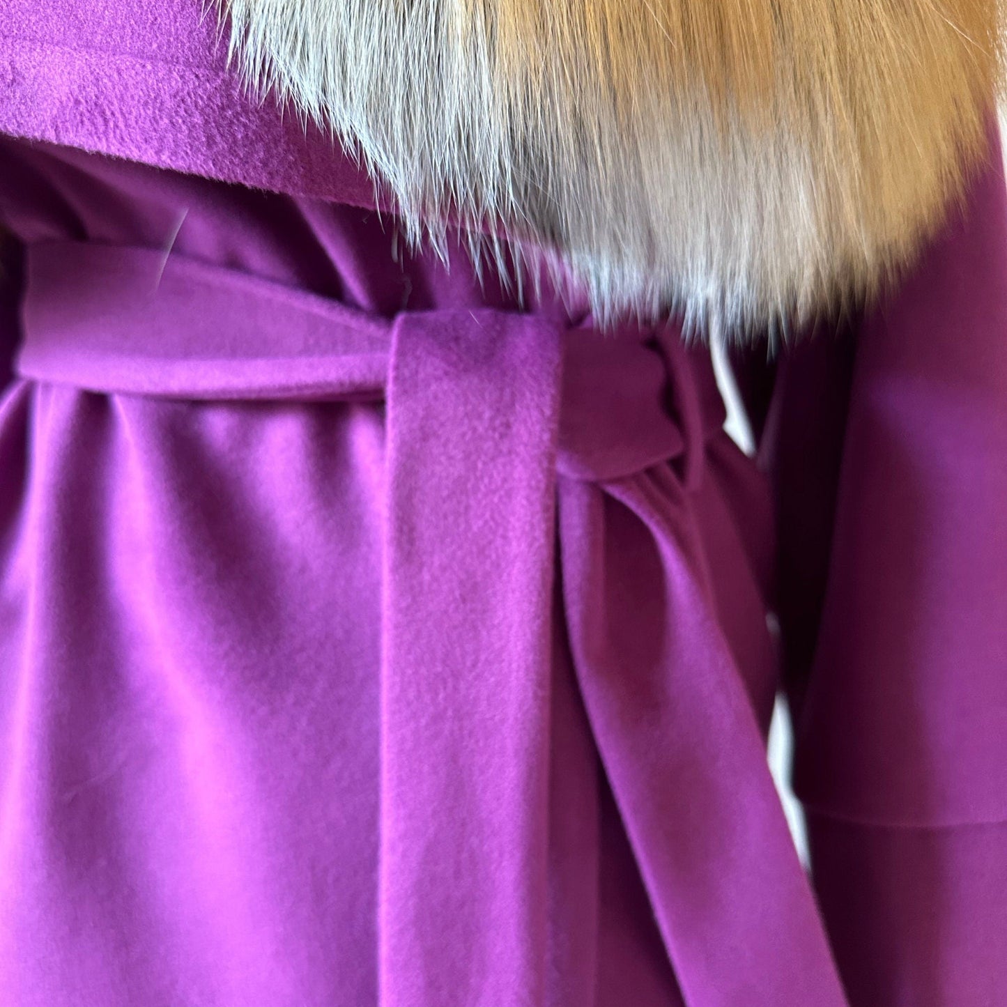 Purple Wrap Elegant Women coat, Long Belted Feminine Overcoat Trim Fox Fur, Woolen blend Coat Wrap - My Love Cape