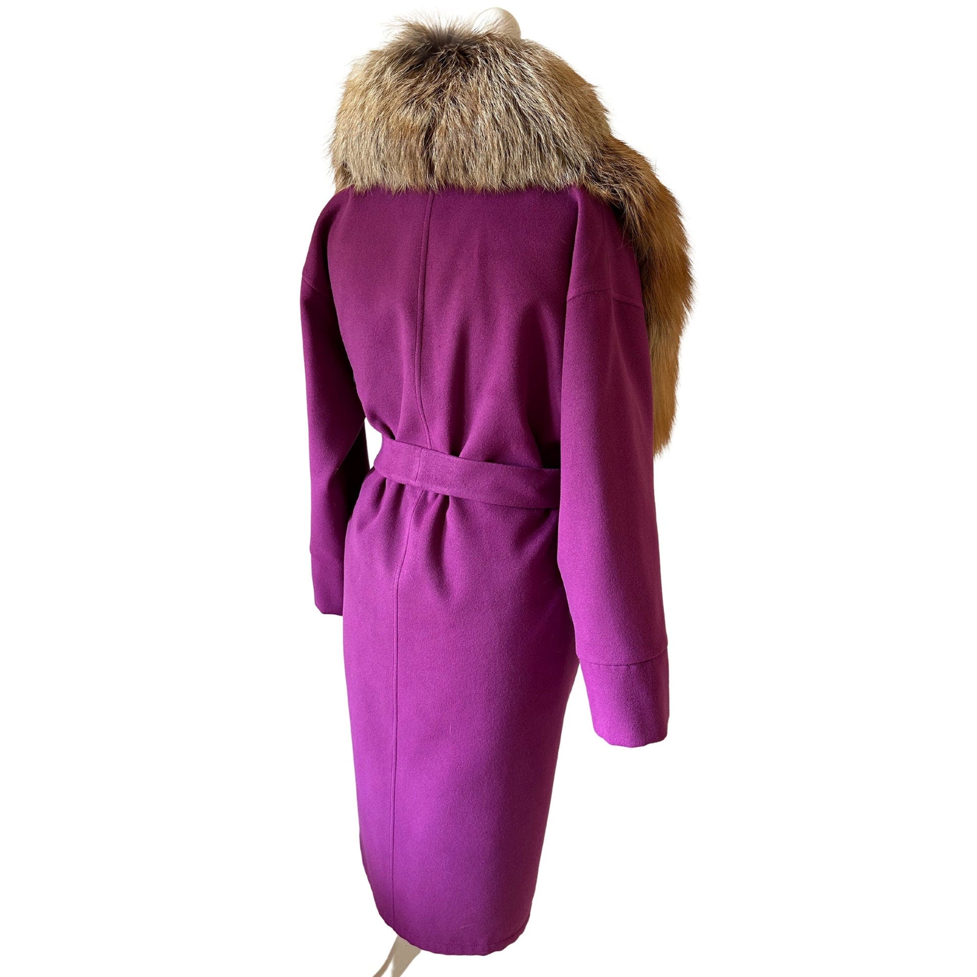 Purple Wrap Elegant Women coat, Long Belted Feminine Overcoat Trim Fox Fur, Woolen blend Coat Wrap - My Love Cape